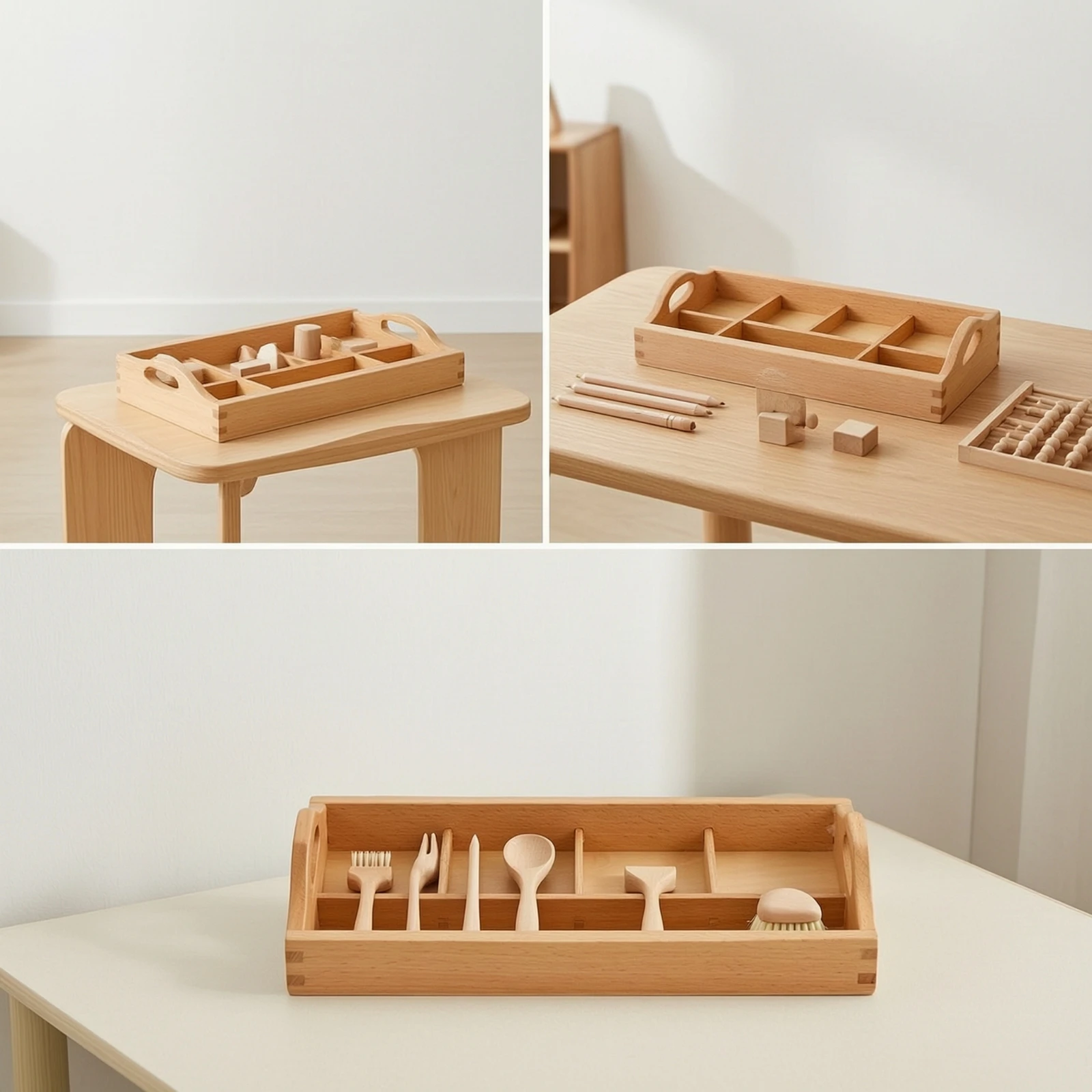 Educational Tray Natural Wood Wooden Tray with Handles Compartmented Open for Children, Classroom, Homeschool