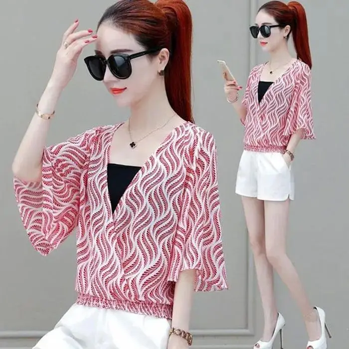 Women's Summer Fashion Elegant Simplicity Printing Short Sleeve Shirts Women Clothes Loose All-match Casual Temperament Tops