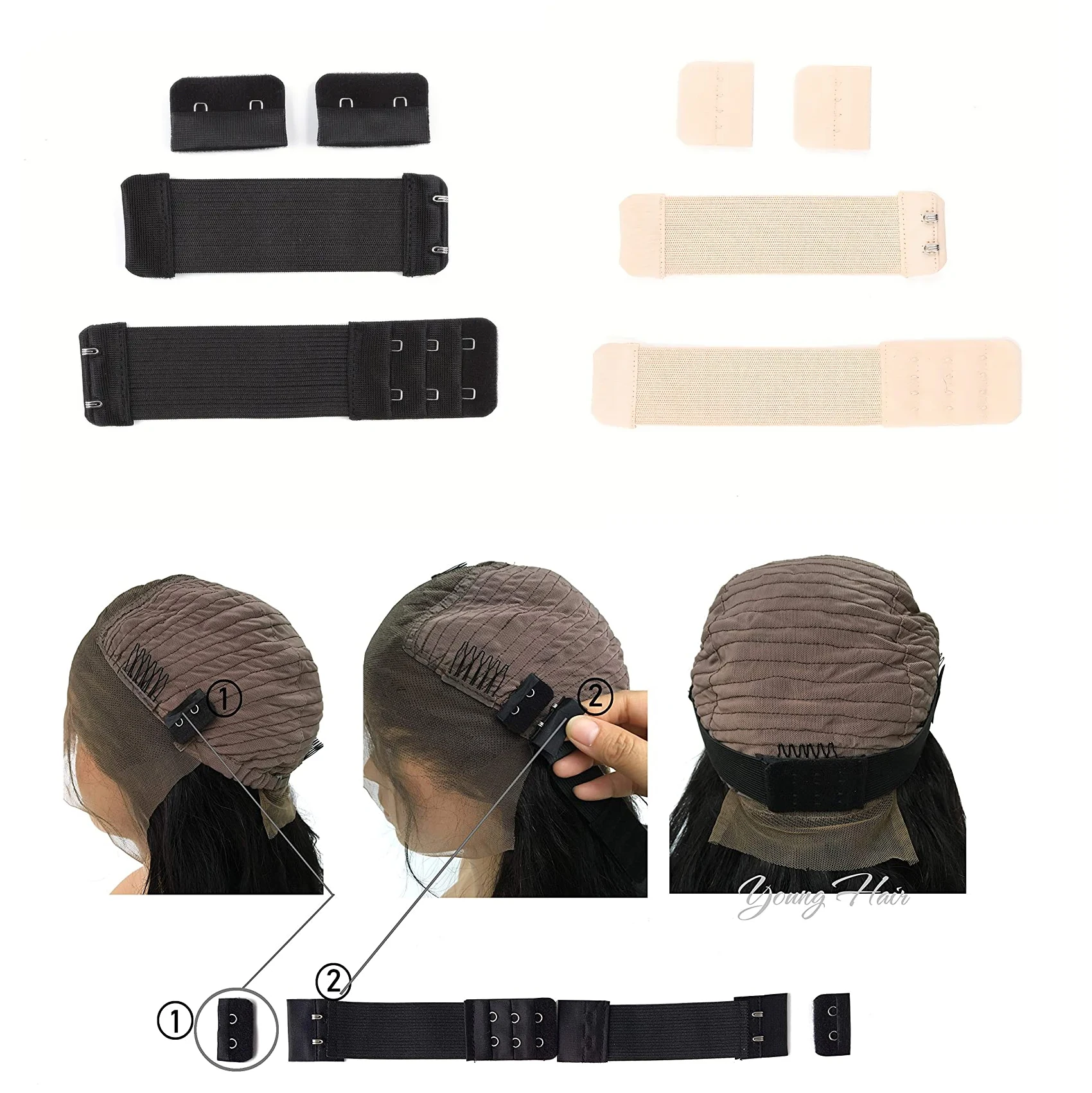 4-teiliges Perückenzubehör, verstellbares Gummiband, verstellbare Perückenbänder mit Haken für Lace-Front-Perücke oder DIY-Einsatz