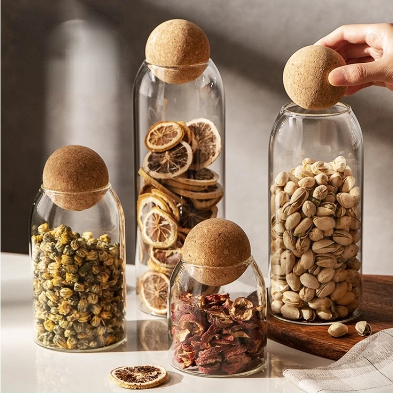 Open Ball Cork Lead-free Glass Jar with Lid Bottle Storage Tank Coffee Cereals Candy Bean Nut Transparent Kitchen storage jars