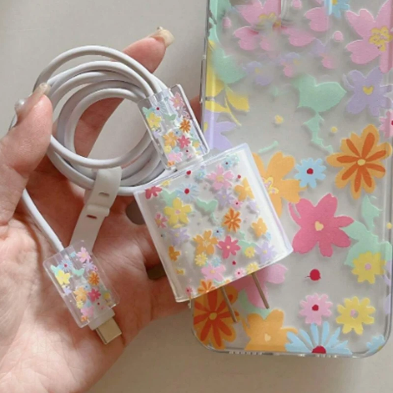 Fashion Yellow Fragmented Flower 3pcs Charging Data Cable Protector Winder Accessories For iPhone18/20w Charger Protective Cover