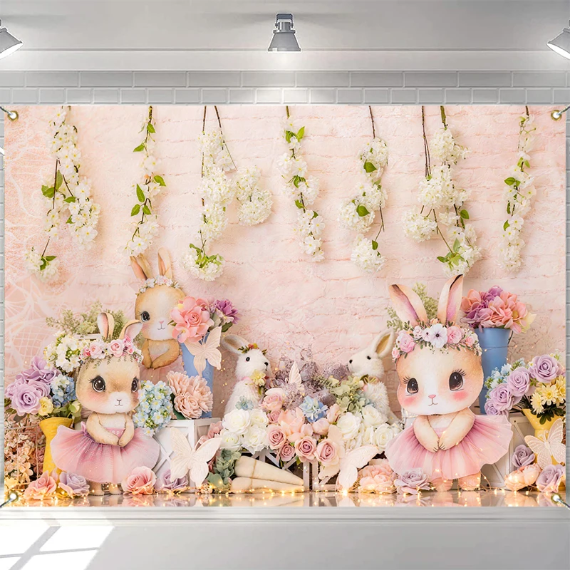 

LS Bunny Easter Backdrops Birthday Cake Smash Adult Photography Props Baby Child Decor Wooden Fence Green Vine Backgrounds