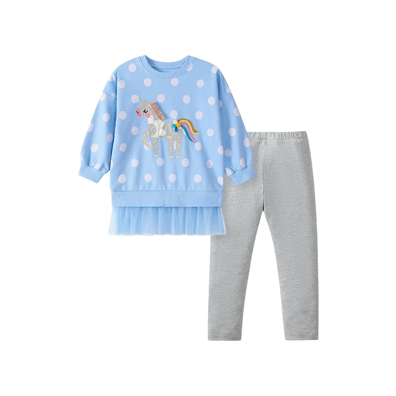 

2025 New Autumn Blue Unicorn European And American Cartoon Style 100 Cotton Soft And Cute Printed Dress