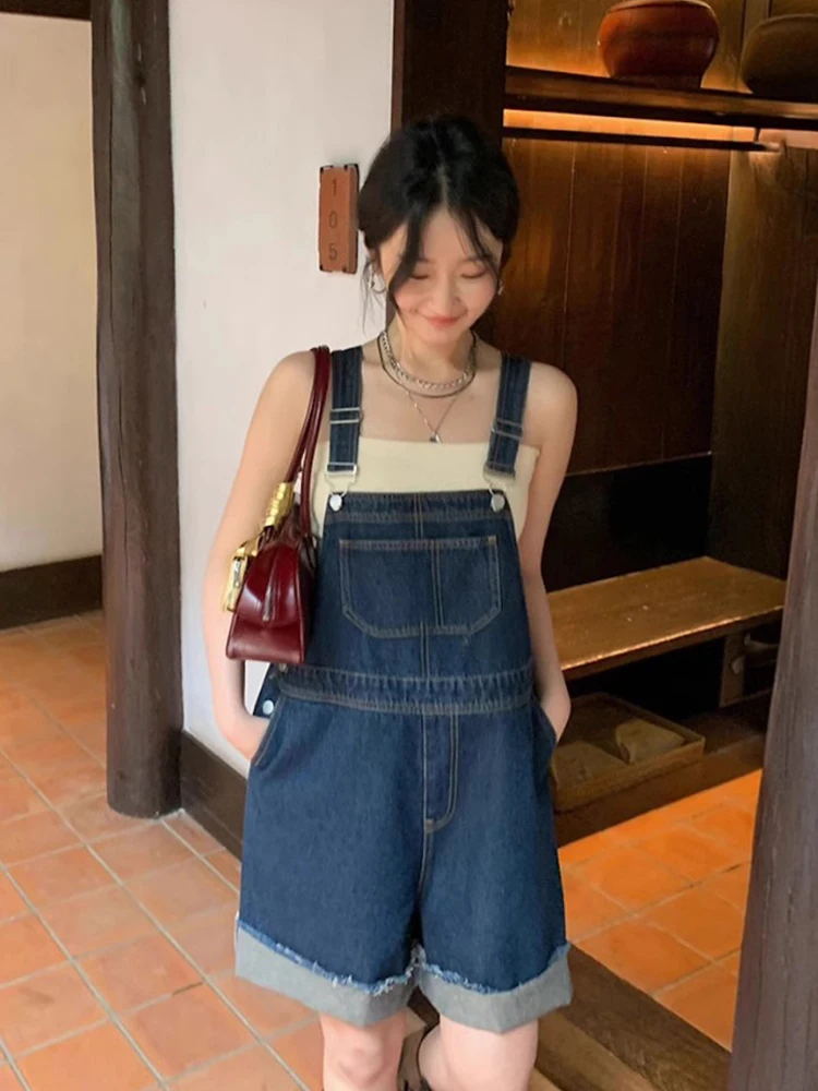 

American Sle Retro Denim Overalls Women's Loose Wide Leg ort Pants High Waist Five-Quarter Cotton Blend Summer New Arrival