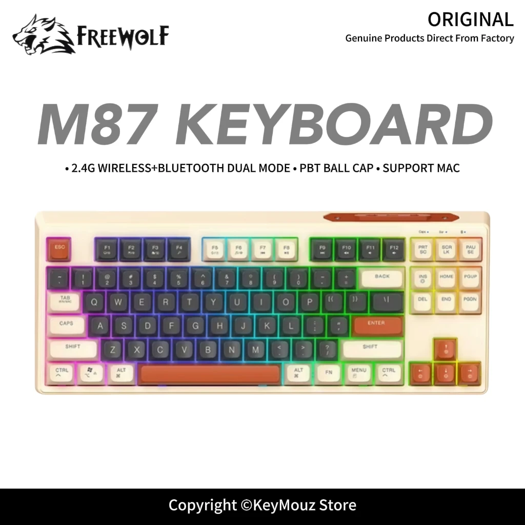 M87 Wireless Bluetooth Keyboard FREEWOLF PBT Ball Cap Rainbow Backlit Long Battery Life for Gaming Office