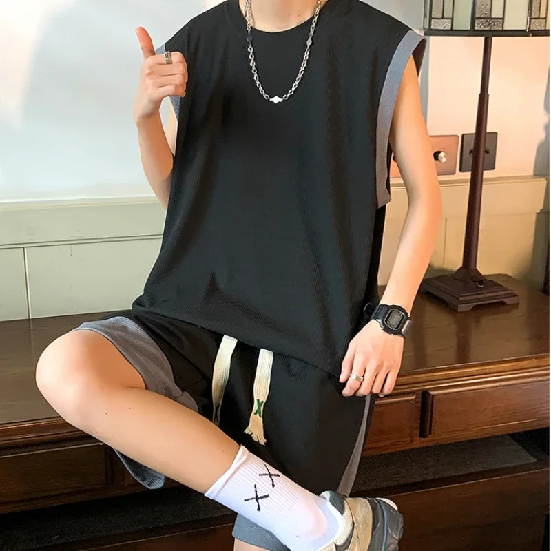 

Loose Sets Men Sporty All-match Side Stripe Shorts Japanese Style Mid Waist Panelled Vests Sleeveless Hipster Minimalist Classic