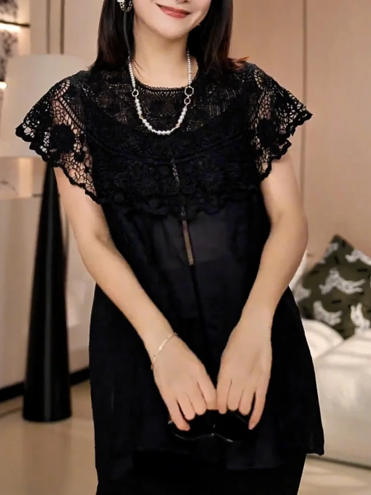 

Korean Design Lace Splice ort Sve Slimming Sli Top Faionable Commute Sle Loose Fit Regular Sve V Ne Pure Color