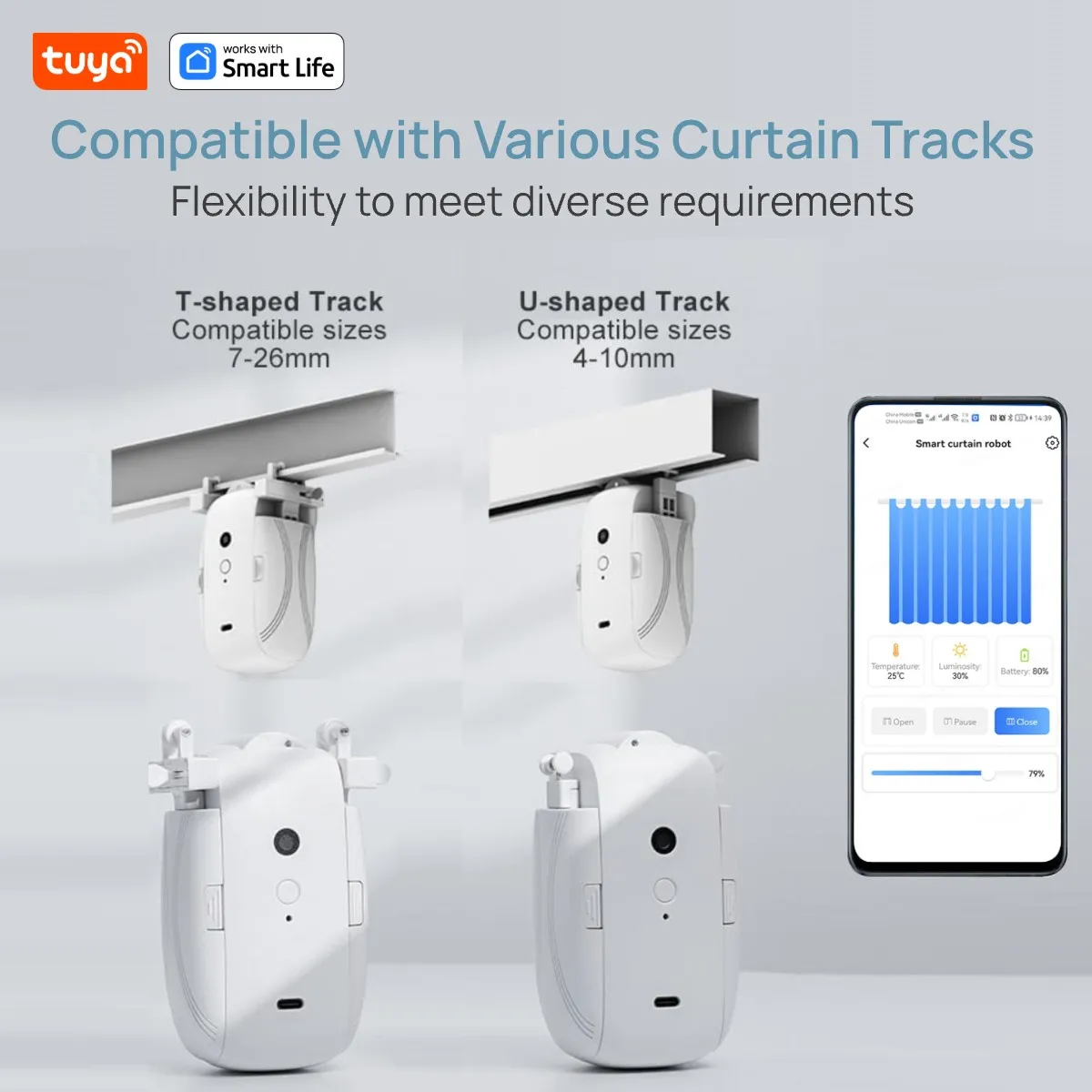 Tuya Smart Wi-Fi Curtain Robot, 2PCS T/U Track,Automatic Open Smart Electric Curtain Robot APP Voice Control Alexa Google Home