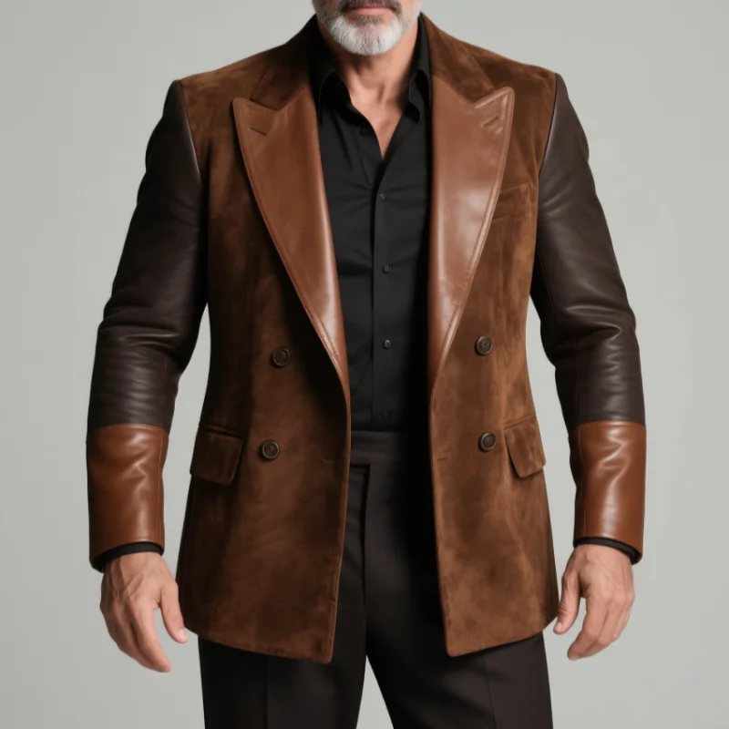 

Classic Men's Designer Suit Coat PU Sleeve Splicing Notched Lapel Tuxedo Peaked Breasted Groom Wear Business Party Blazer