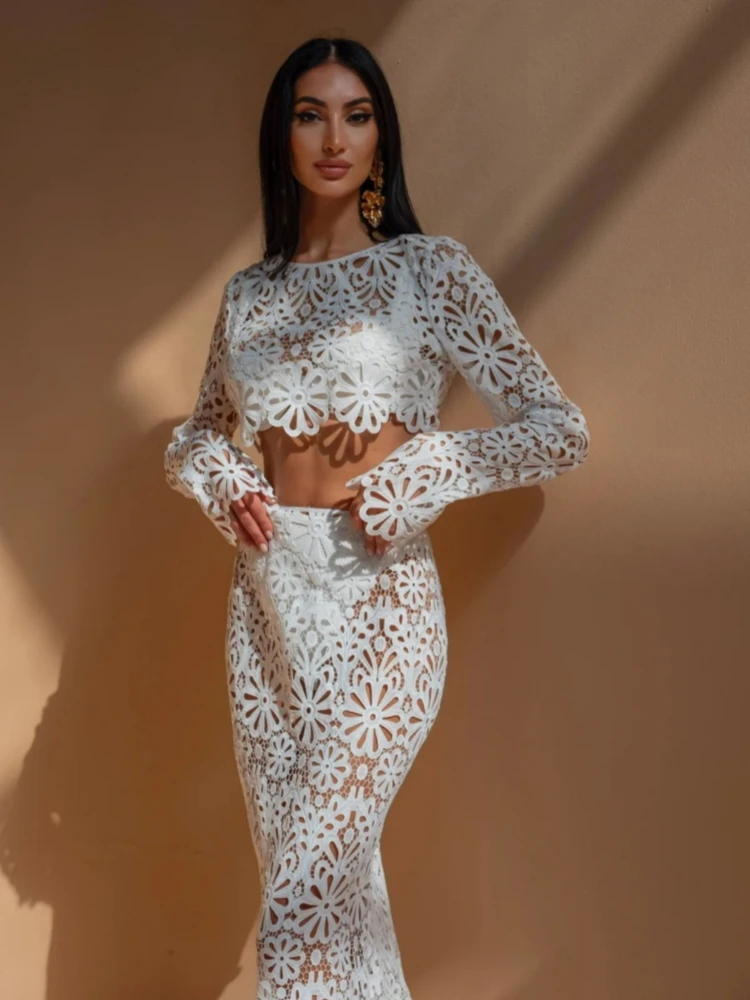 Elegant Embroidery Hollow Out Beach Dresses Two Piece Set Sexy See Though Crop Tops Long Skirts 2026 Women Sets Summer Outfits