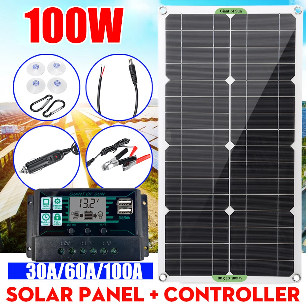 250W Solar Panel Kits 12V/24V with 30A/60A/100A Controller Solar Cell Dual USB for Car Yacht RV Boat Mobile Phone Battery Charge