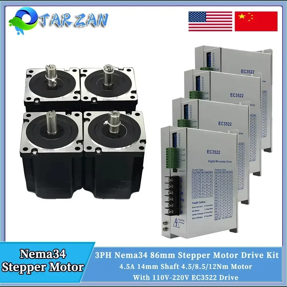 

Nema34 86mm 3PH Stepper Motor Drive Kit 14mm Shaft 4.5A 4.5/8.5/12Nm Motor AC 110V-220V Drive 3522 For CNC Engraving Machine