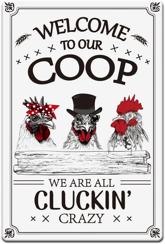 Funny Chicken Tin Sign Welcome To Our Coop Metal Tin Signs We Are All Cluckin Wall Art Poster Vintage Iron Decor for Dining Roo