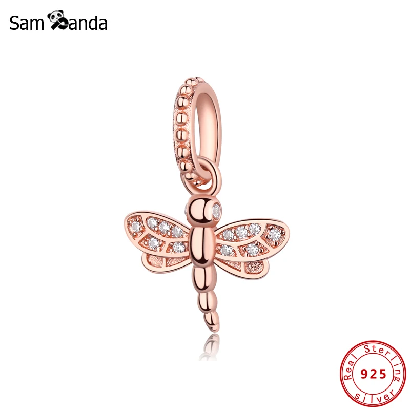 

925 Sterling Silver Charm Sparkling Dragonfly Pendant Rose Gold Beads Fit Pandora Bracelets Necklaces Women DIY Jewelry