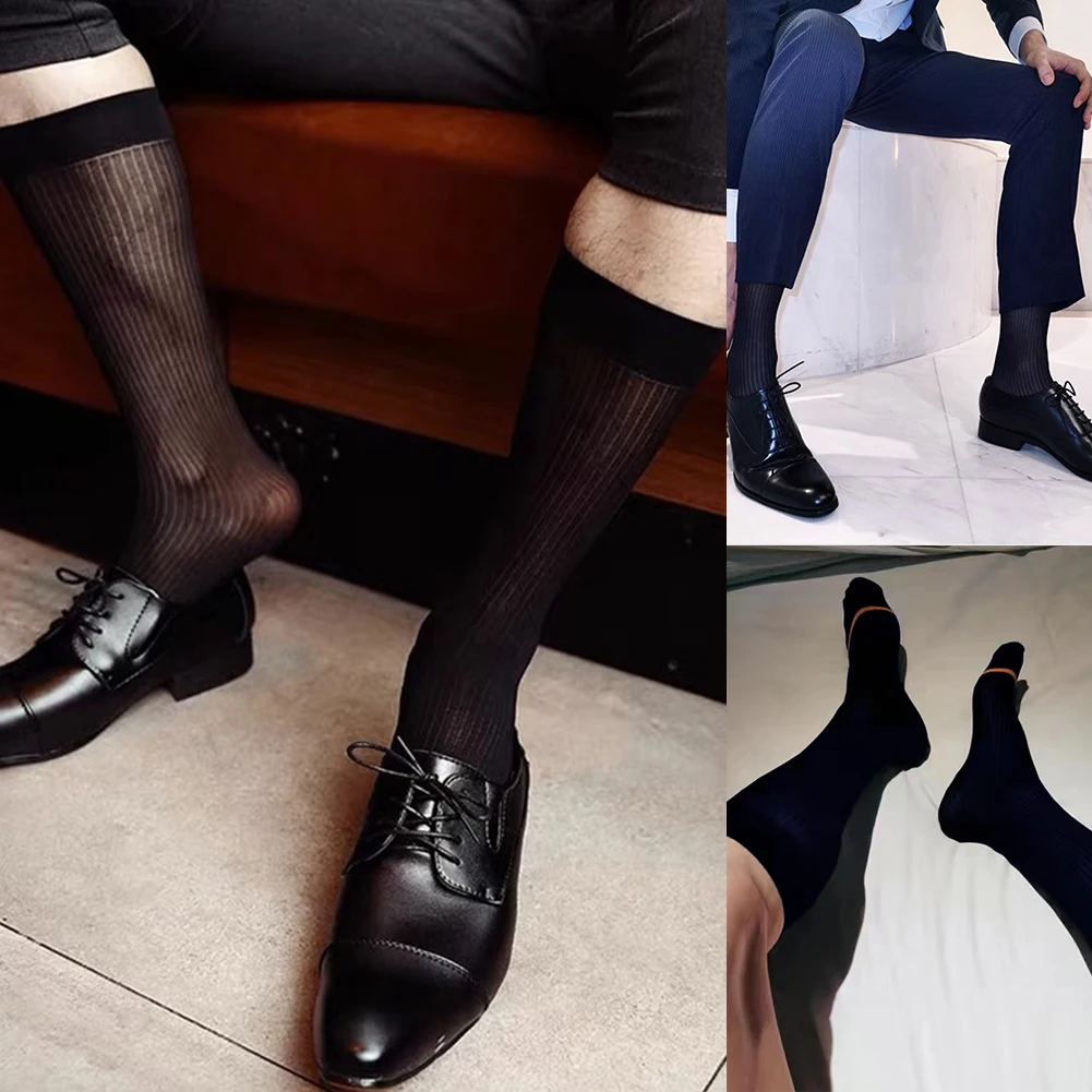 Calcetines transparentes para hombre, 1 par, transpirables, cómodos, de negocios, formales hasta la rodilla, de nailon, a rayas, para verano