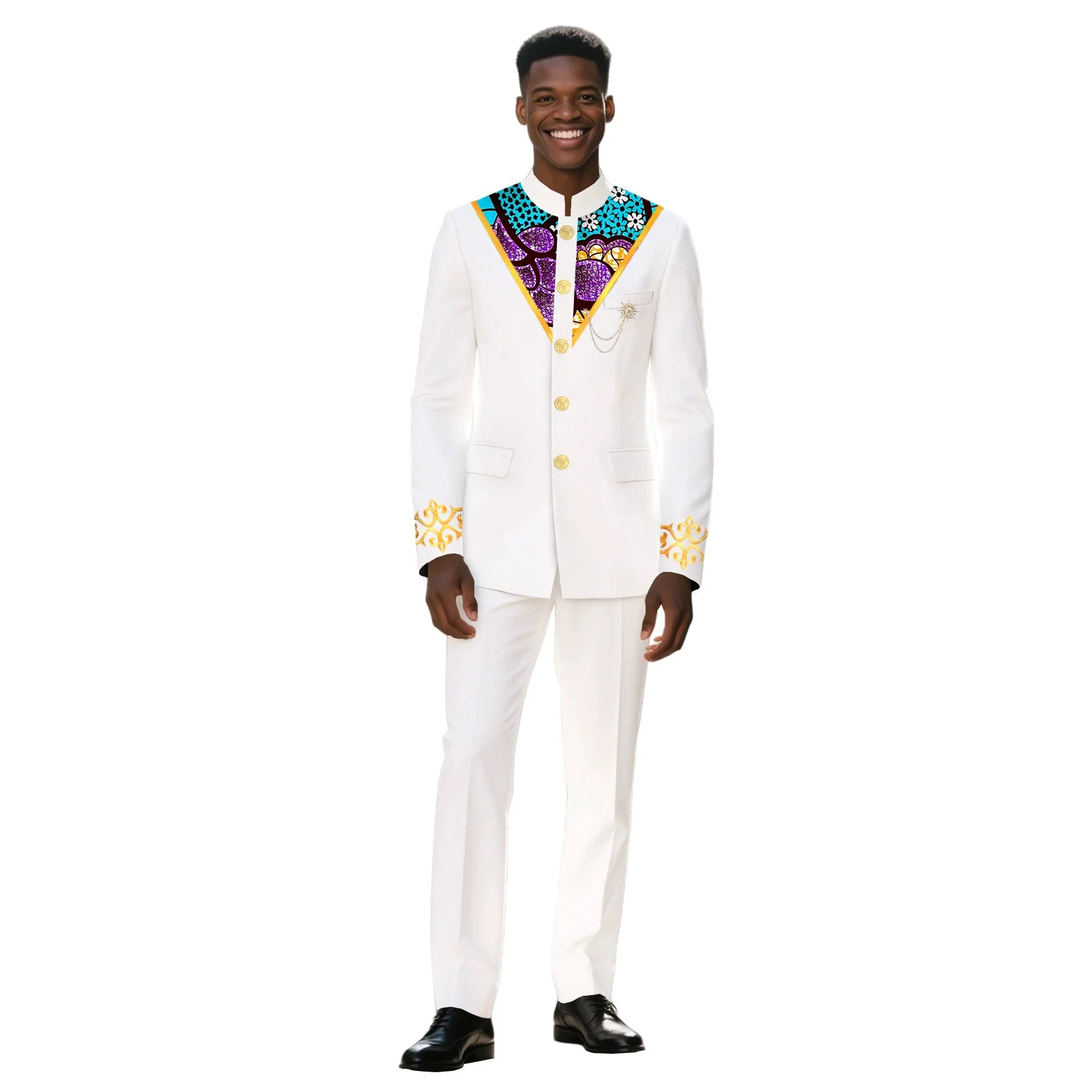 بدلة أفريقية جديدة للرجال - طراز مكرر وجزء - بروش مطرز - سترة وبنطلون بزر واحد - طقم مكون من قطعتين - حزين