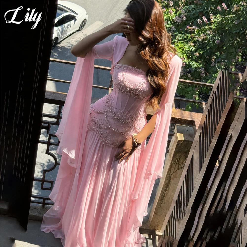 Lily Pink Chiffon 프롬 드레스 A Line Evening Dress with Pearls Beaded Bodice Party Dress Cape Sleeve Formal Gown for Woman Customized