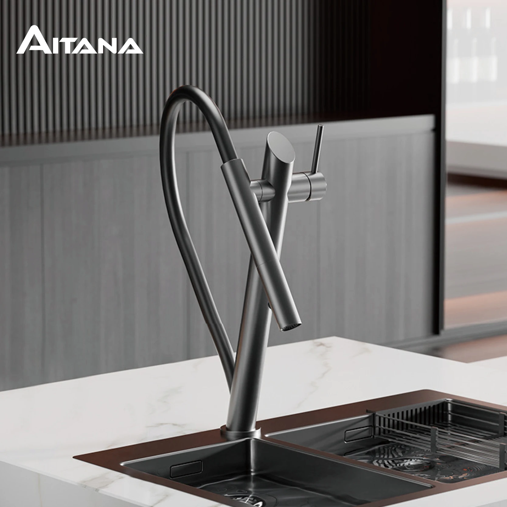 

AITANA luxury brass black kitchen faucet with pull-out design, dual control magnetic suction for cold & hot 2-function sink Tap