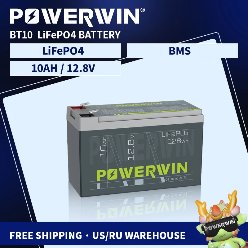 POWERWIN 12.8V 10Ah BT10 128Wh LiFePO4 Battery UPS Off-grid Solar Built-in BMS 4000+ Deep Cycle Rechargeable Energy Electric Toy