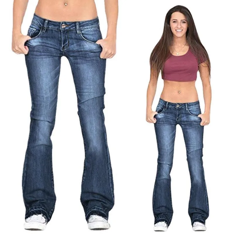 Flared Leg Long Pants Jeans Streetwear with Mid Waist Water Washed Mid Rise Waist Regular Thickness Western Women Flared Jeans