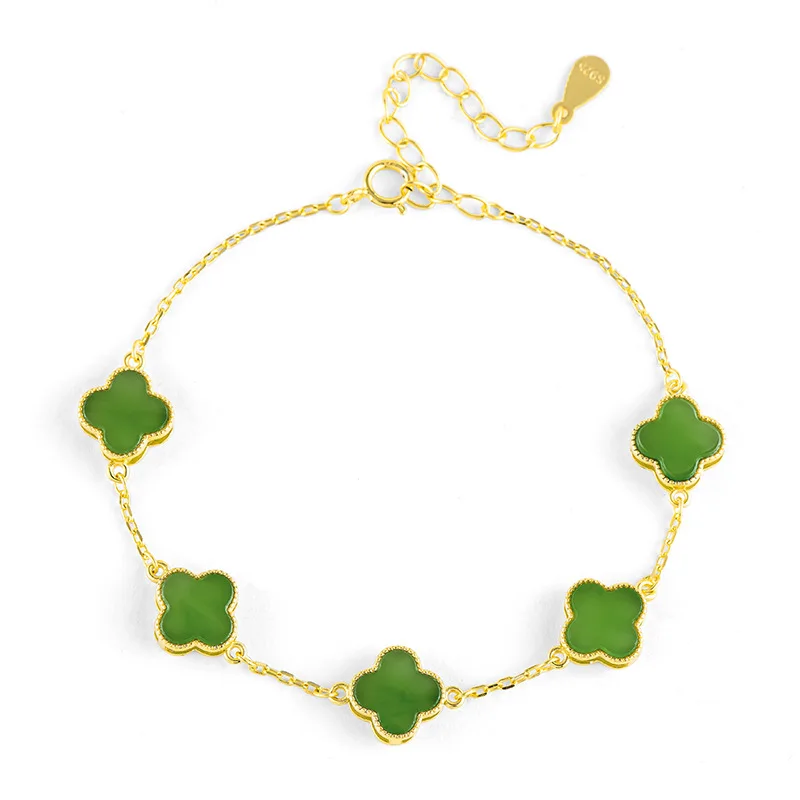 

Natural Hetian Green Jade Clover Bracelet - S925 Sterling Silver Women's Fashion Jewelry, Lucky Charm