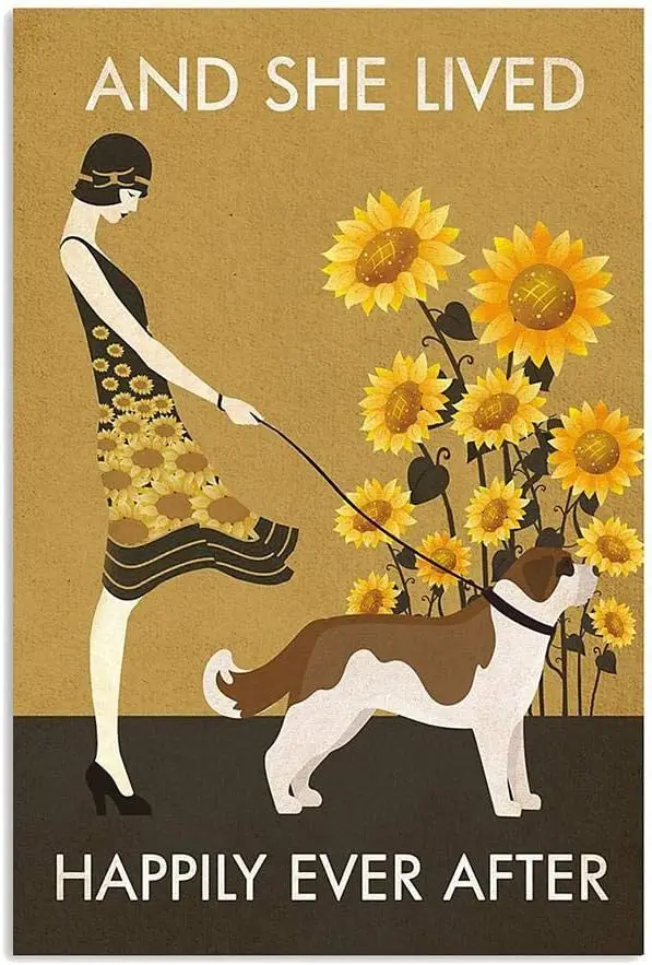 and She Lived Happily Ever After Sunflower St Bernard Dog Funny Vintage Metal Art Tin Sign Aluminum for Garage Home Kitchen Bar