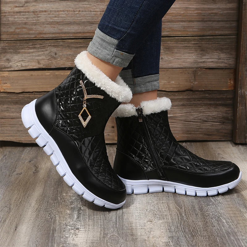 Women\'s Thick waterproof down snow boots Fashion warm plush Metal Decoration winter boots Non-slip PU Leather zipper Ankle Boots