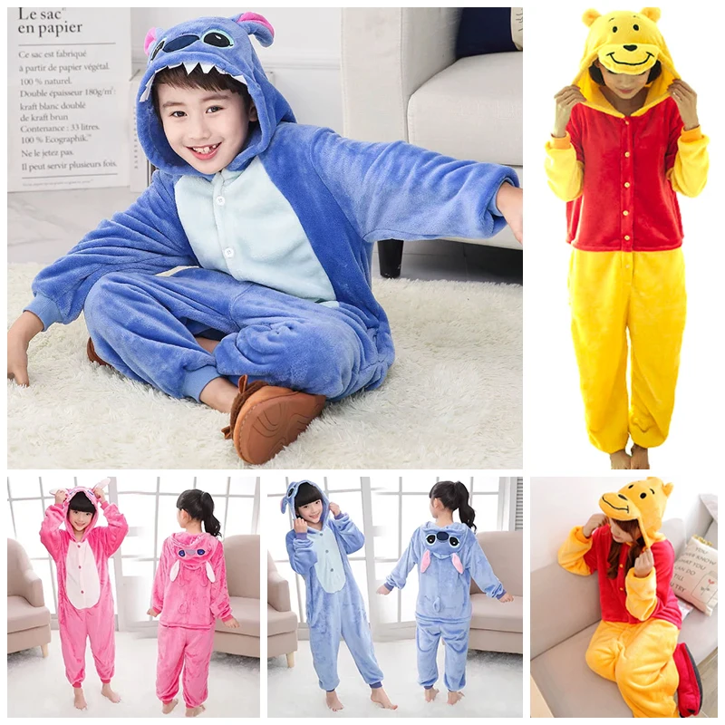 

Cartoon Stitch Pajamas Onesies Angel Winnie Flannel Conjoined Pajamas Cute Autumn Winter Home Comfortable Soft Warmth Pajamas