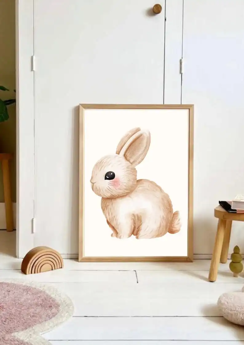 Cute Bunny Happy Easter Quote Canvas Bunny Egg Ear Footprints Flower Plant Wall Art Poster for Modern Living Room Home Decor