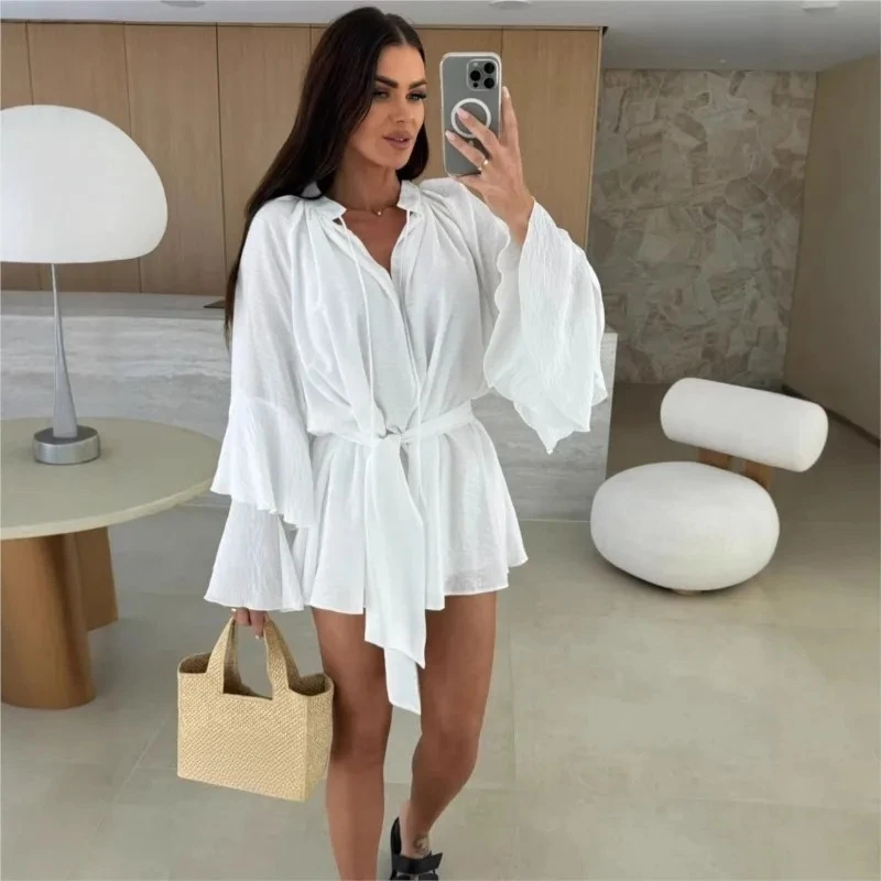 Primavera babados mangas duplas em camadas mini forro vestido cor sólida com decote em v irregular rendas até manga comprida vestido solto para mulher