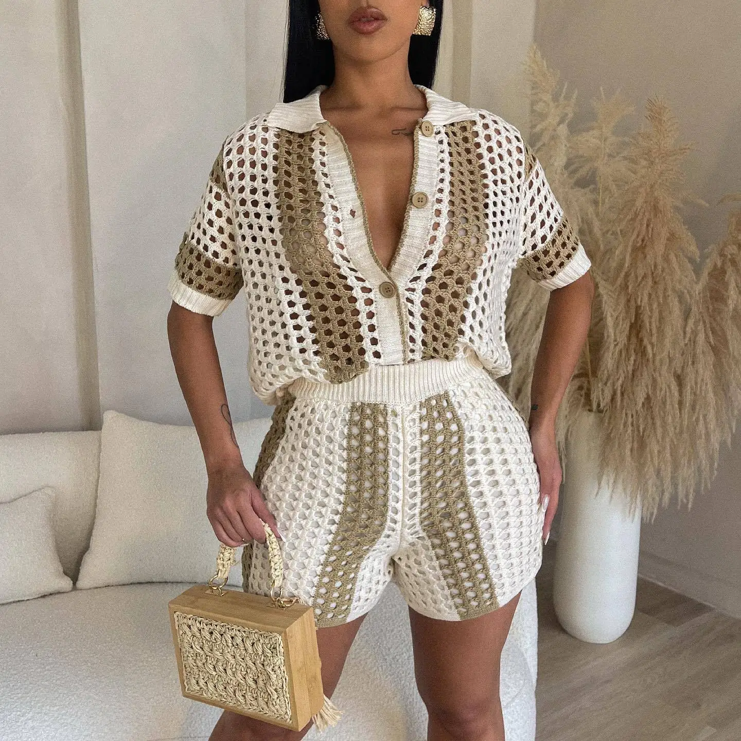 

Women Set Summerknitted Hollow See Through Casual Shorts Set Women Two Piece Set Lapel Short Sleeve Shirt Top And Shorts Suit