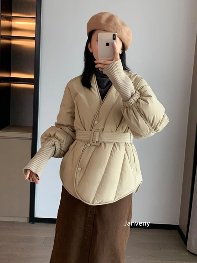 Design 90% White Duck Down Jacket Women Winter Solid Sashes Puffer Coat Short Female Sweet Office Parkas With Belt