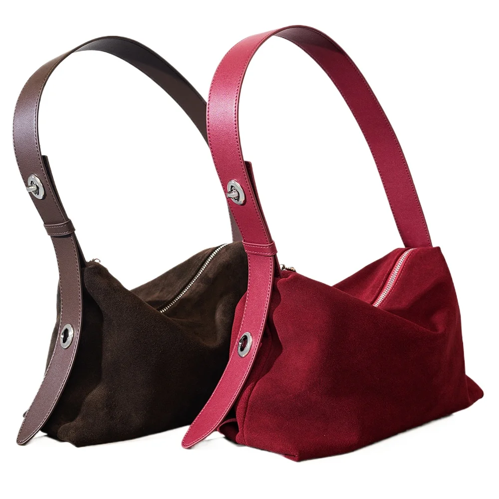 Real Leather Women's Bag Luxruy Designer Brand Large Capacity Suede Women's Commuting Armpit Bag