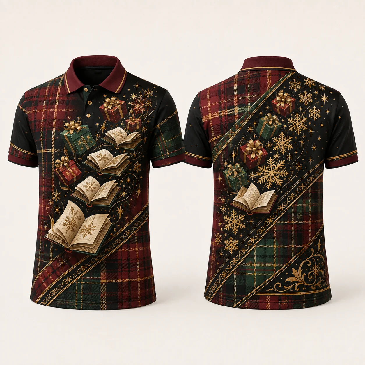 Vintage Academy Christmas Polo Shirt 3D Print Tartan Snowflake Short Sleeve Unisex Holiday Party Family Outfit