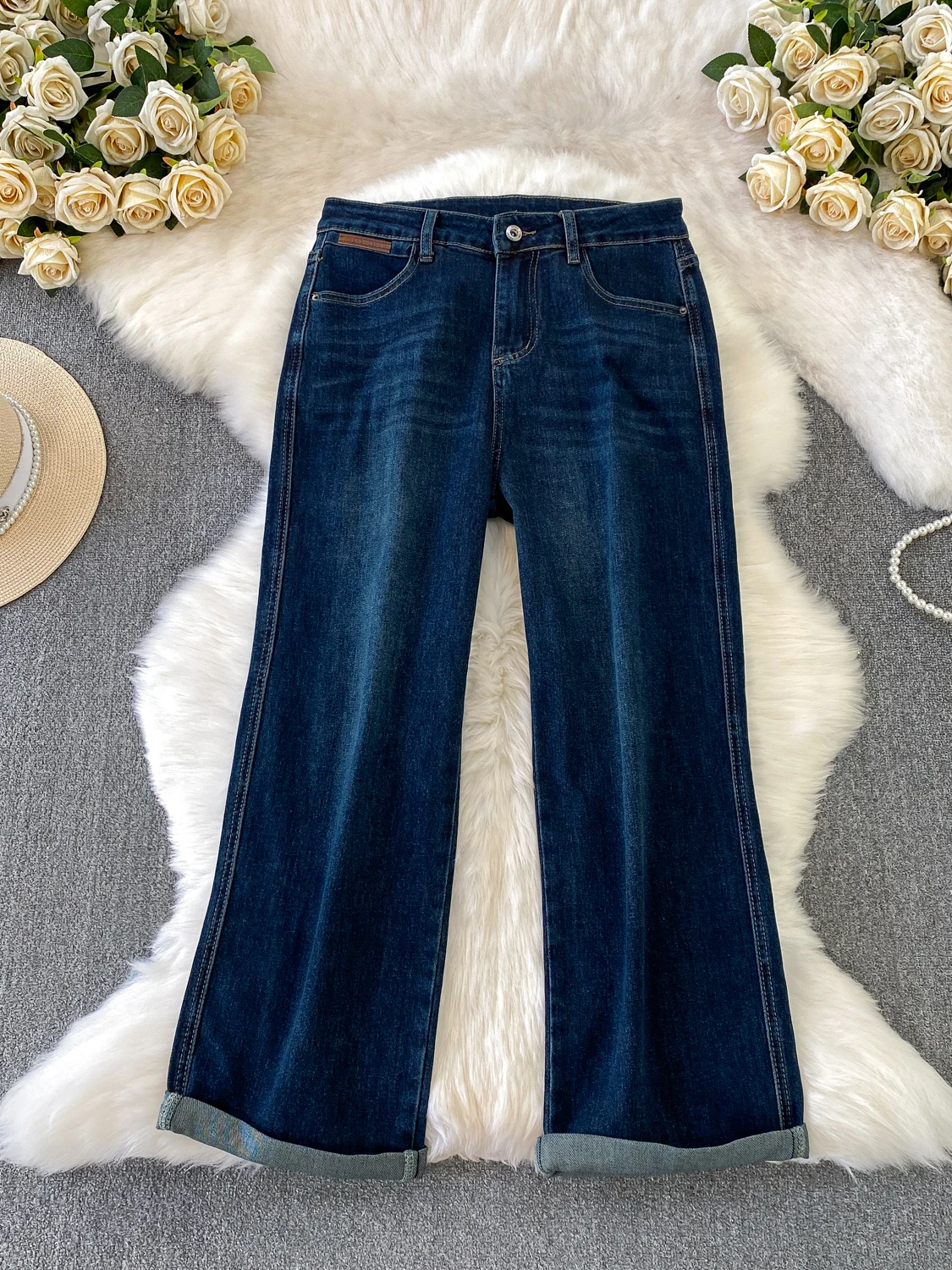 Amerikanische Retro-Jeans mit hoher Taille für Damen, lockere Hose mit geradem Bein, lässige Herbst-Winter-Faion-Hose in Übergröße mit Bündchen und weitem Bein