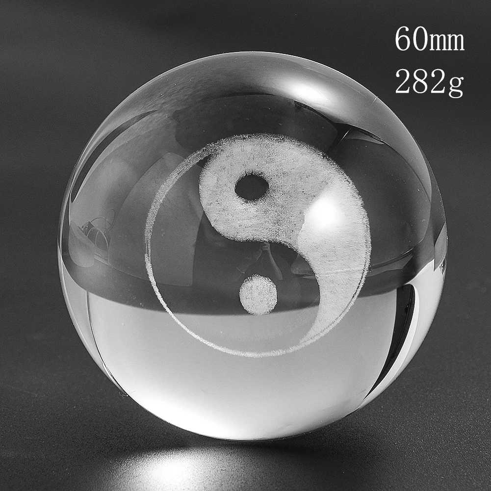 

60MM Laser Engraving Chinese Taoism Yin Yang Tai Chi Crystal Ball Faceted Prism Glass Craft Mascot Charm Feng Shui Healing Decor