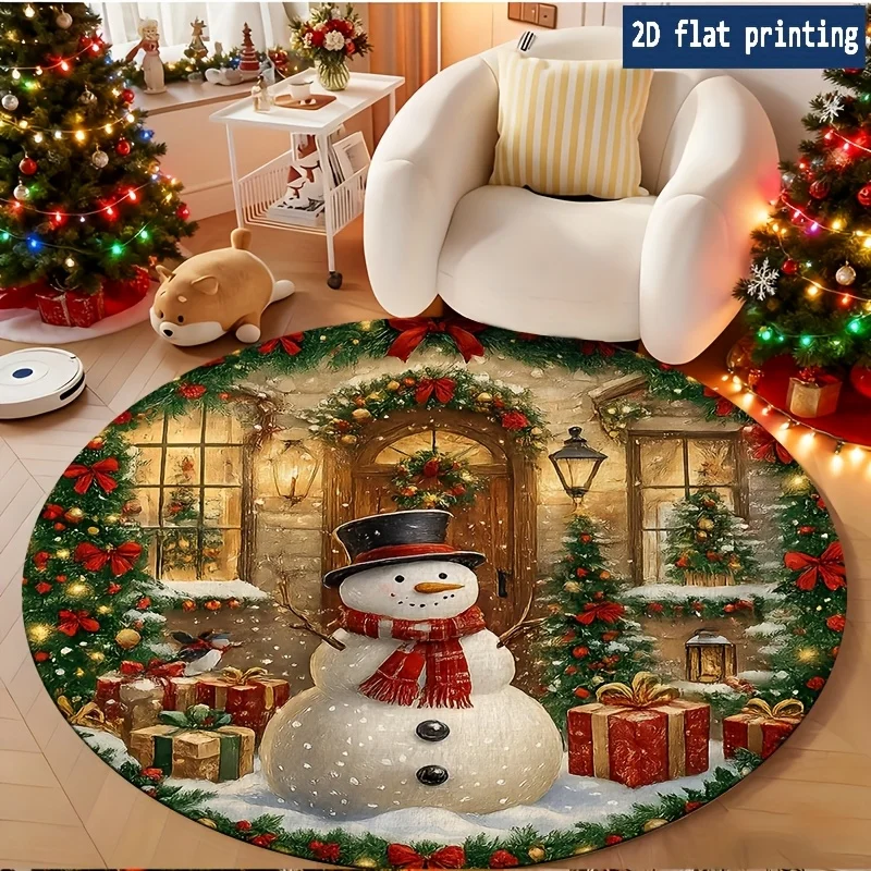 Winter Cottage Snowman Gift Box Circular Rug for Bedside Sofa Chair Entrance Xmas Floor Mat Present Machine Washable Floor Mat