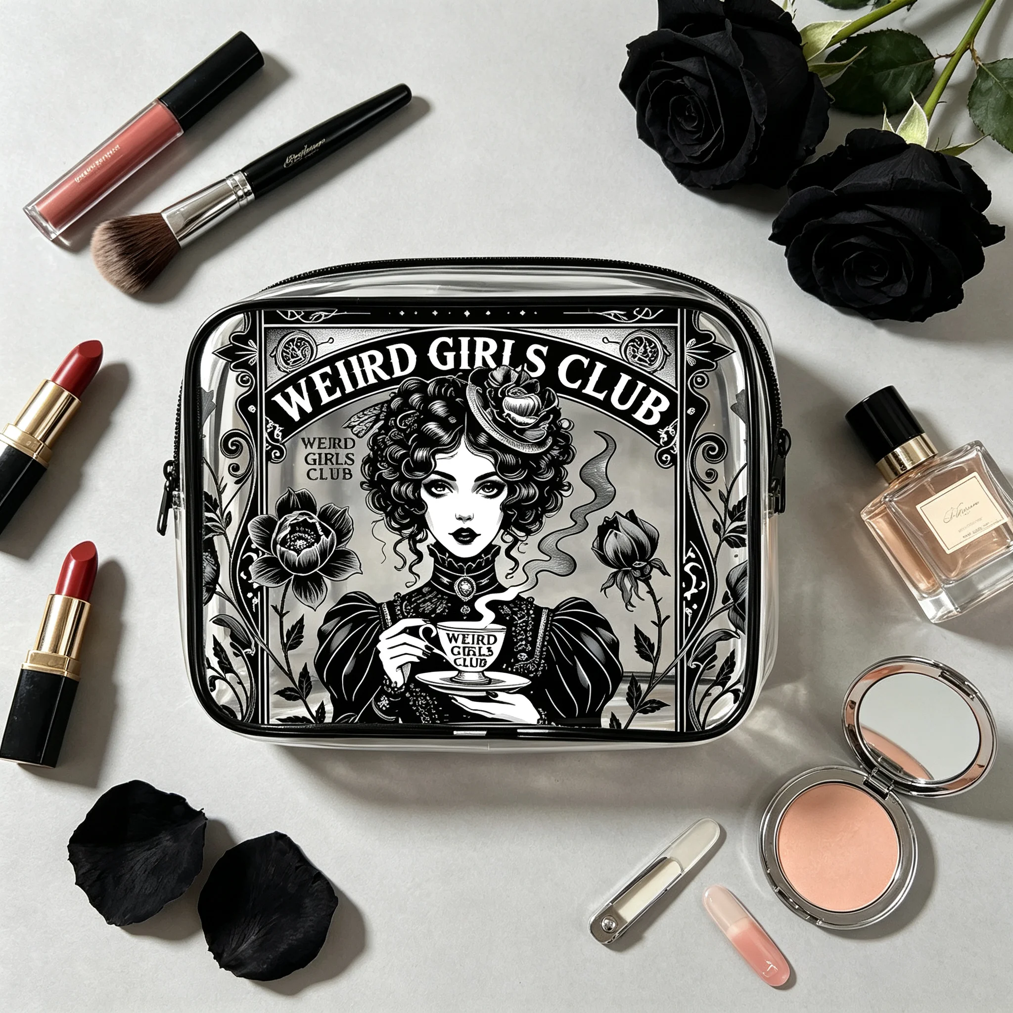 Weird Girls Club Clear PVC Makeup Bag Gothic Black White Illustration Print Transparent Travel Toiletry Pouch