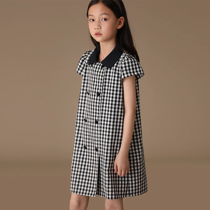 Girl's Classic Black And White Plaid Dress Summer New Kids Doll Collar Double-Breasted Vintage Elegant Princess Dresses TZ283