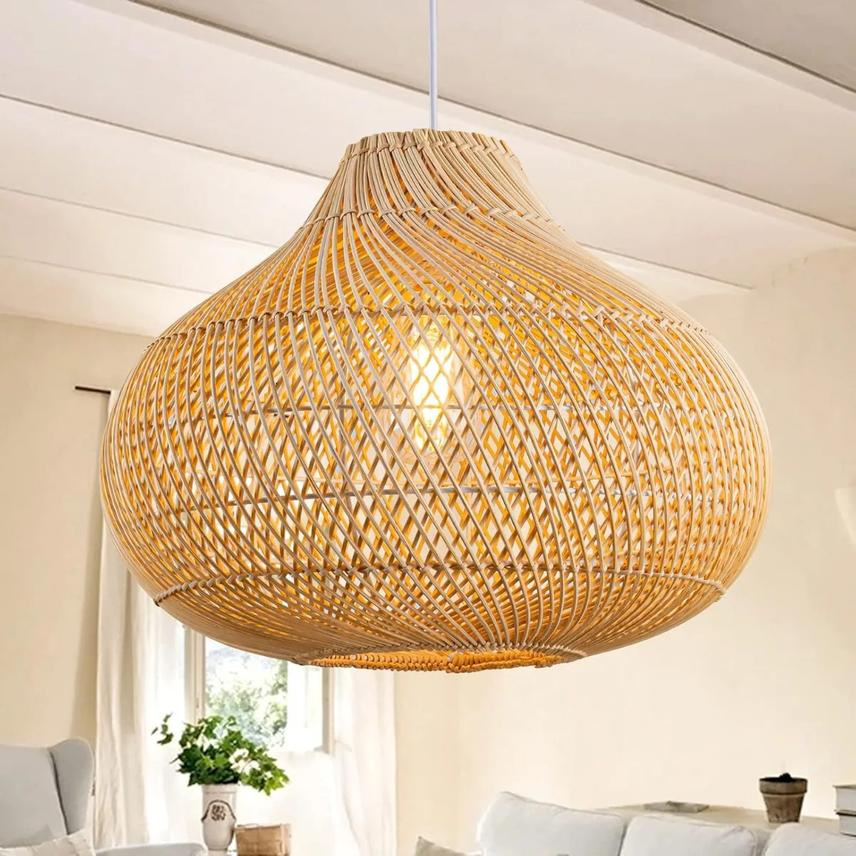

Beige/Black Rattan Chandelier Hand-Woven Wicker Pendant Lights Boho E27 Hanging Light for Dining Room Kitchen Island Living Room