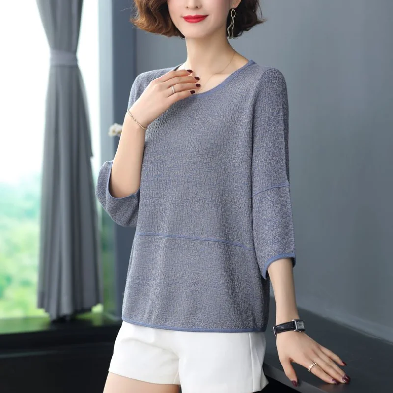 Oversize Versatile Temperament Women's Clothing 2023 Summer New Round Neck 3/4 Sleeve Solid Color Simplicity Commuter Pullover