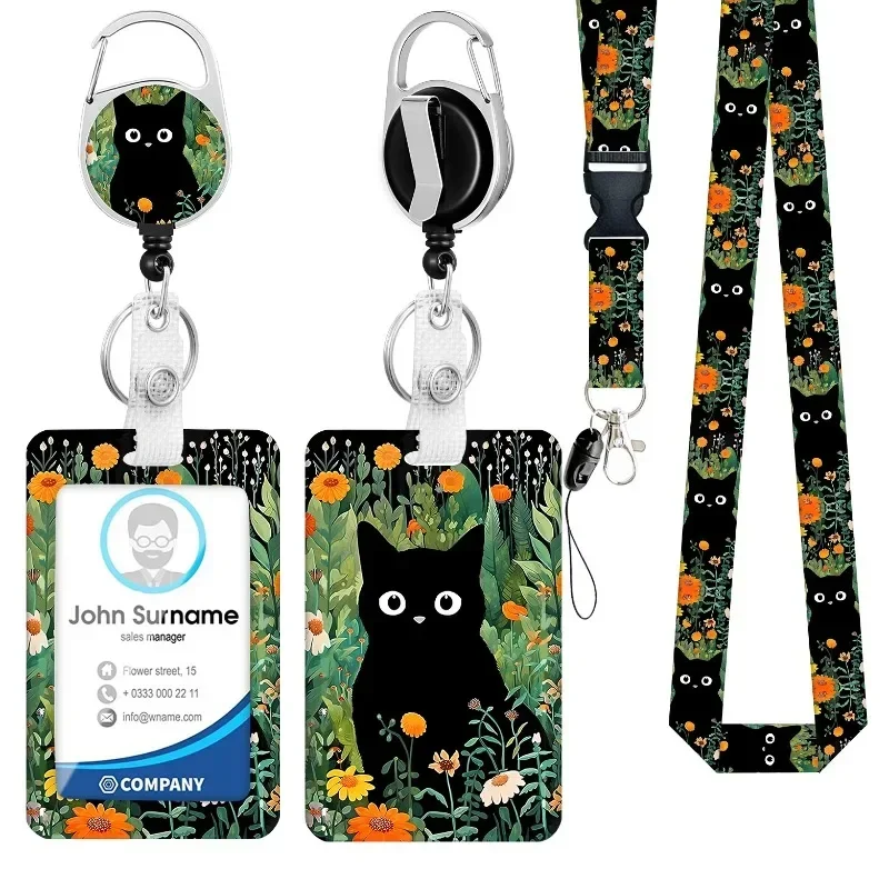 Aesthetic Cat Floral Card Holder with Badge Retractable Reel Lanyard Set for Women Cute Black Cat Pull Buckle Card Cover Case