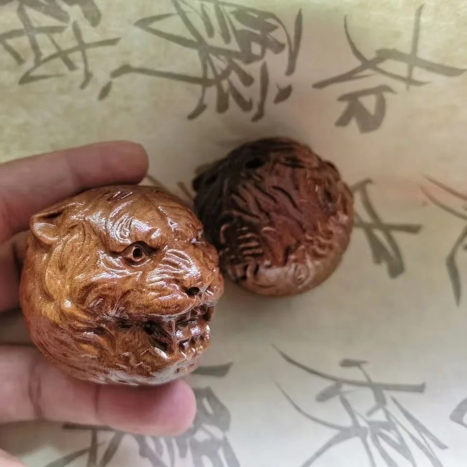 Huanghuali Wood Twelve Zodiac Health Ball with Tiger Head Carving Massage Ball Cultural Relic Fitness Solid Wood Handle Piece