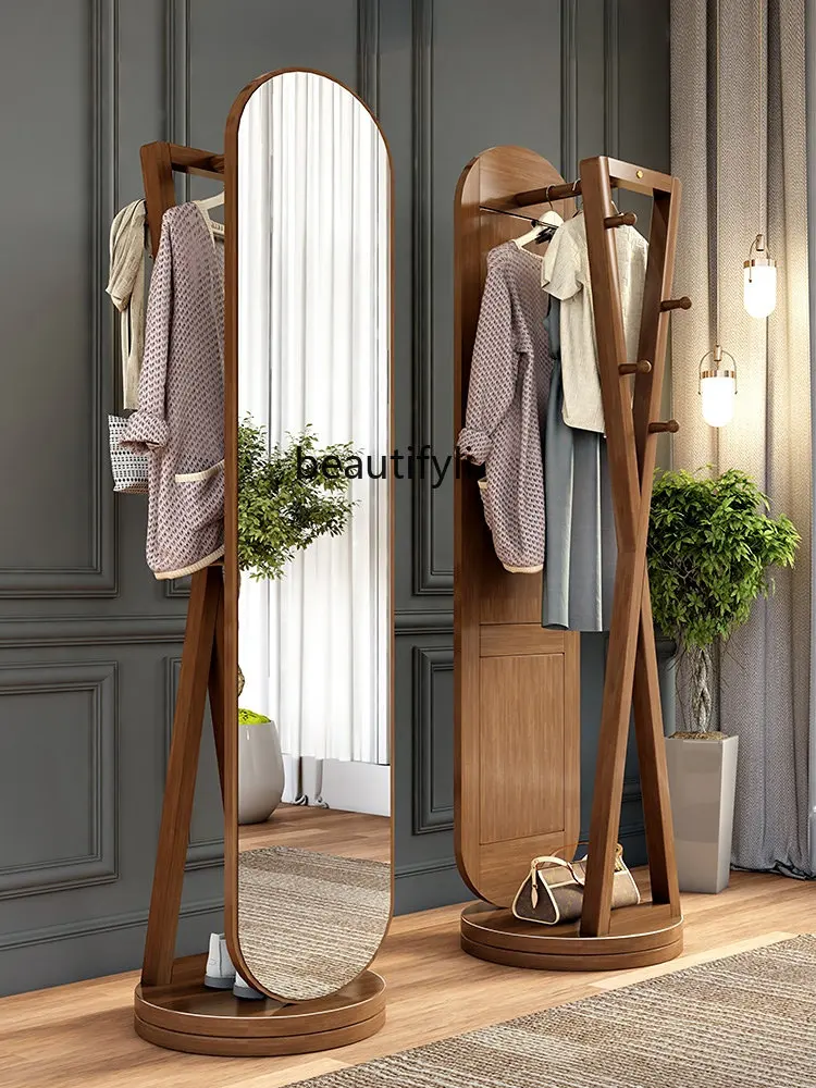 yj Solid Wood Coat and Hat Rack Rotatable Mirror Full-Length Mirror Dressing Mirror Clothes Rack Integrated