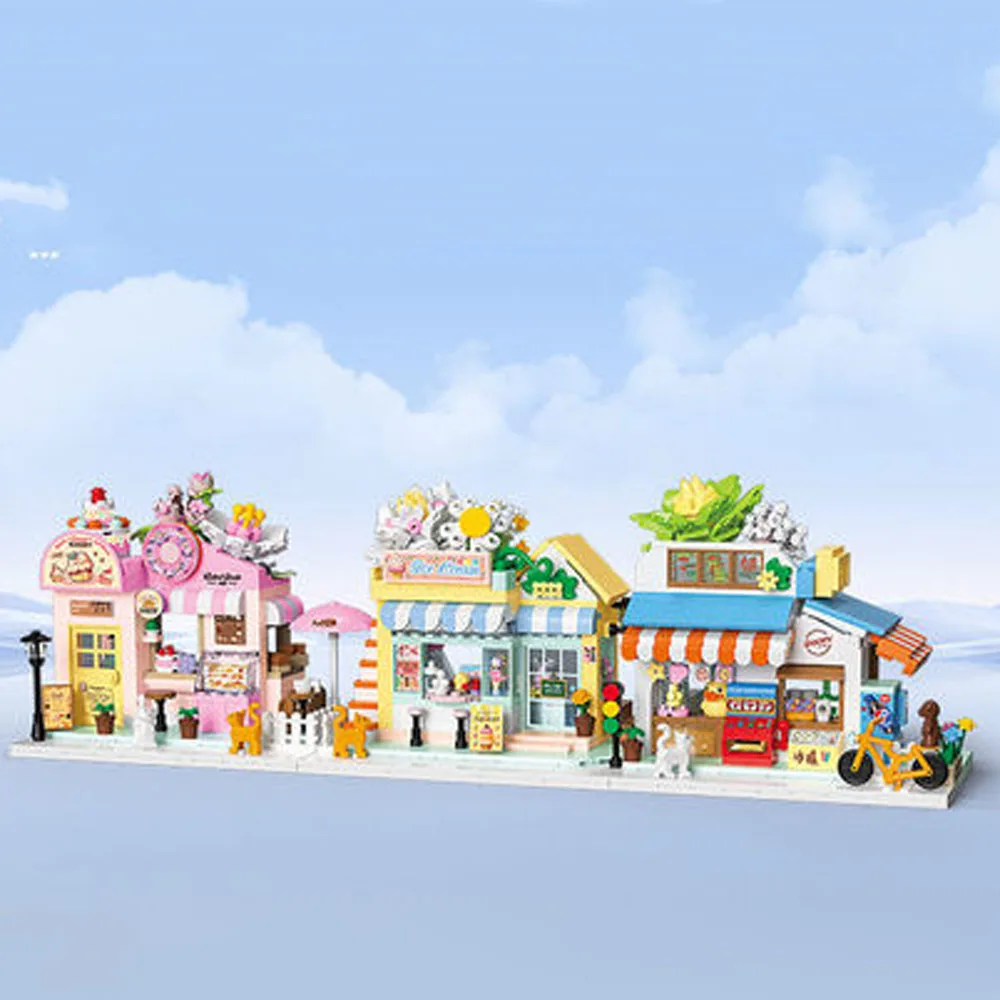 City Street View House Mini Block Cake IceCream Shop Idea Building Brick Grocery Store House Streetscape Toy With Light For Gift