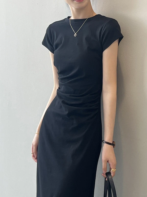 Slim Fit A-Line Midi Dr T-shirt ort Sve pour femme Dr taille haute plissée printemps été Faion pour ort Girls 50