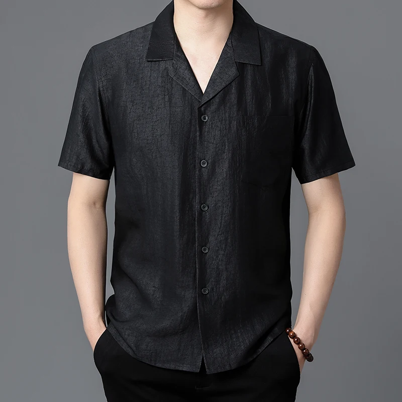 Mulberry Silk Black Shirts For Men Short Sleeved Chinese Style Summer Quality Gambiered Canton Gauze Easy Care Camisas De Hombre