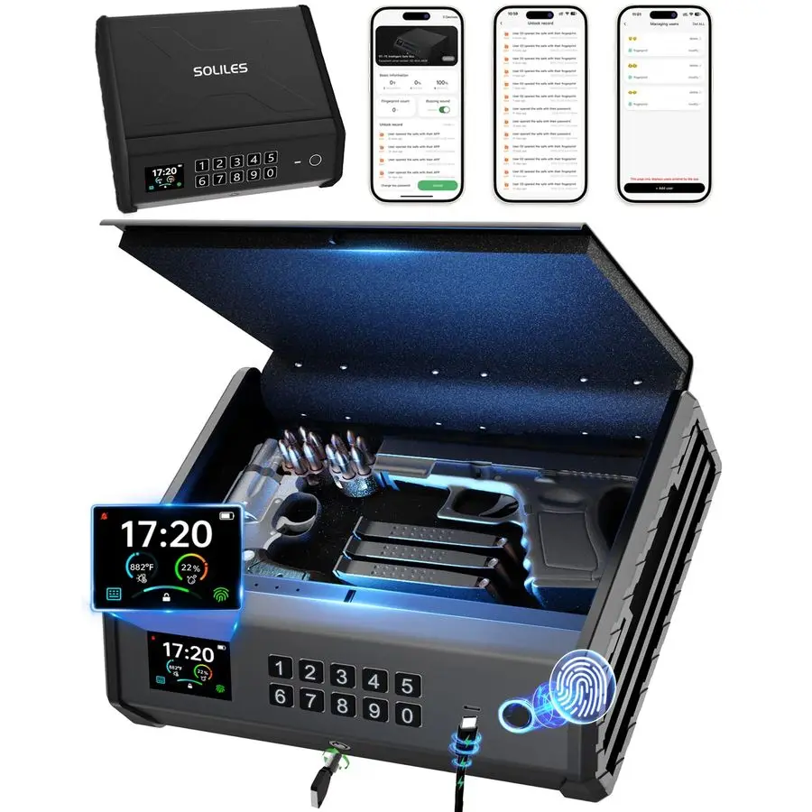 Cofre para armas, pistola biométrica de 4 maneiras, seguro recarregável com teclado de impressão digital, bloqueio de aplicativo, controle APPC, display LCD, energia de emergência