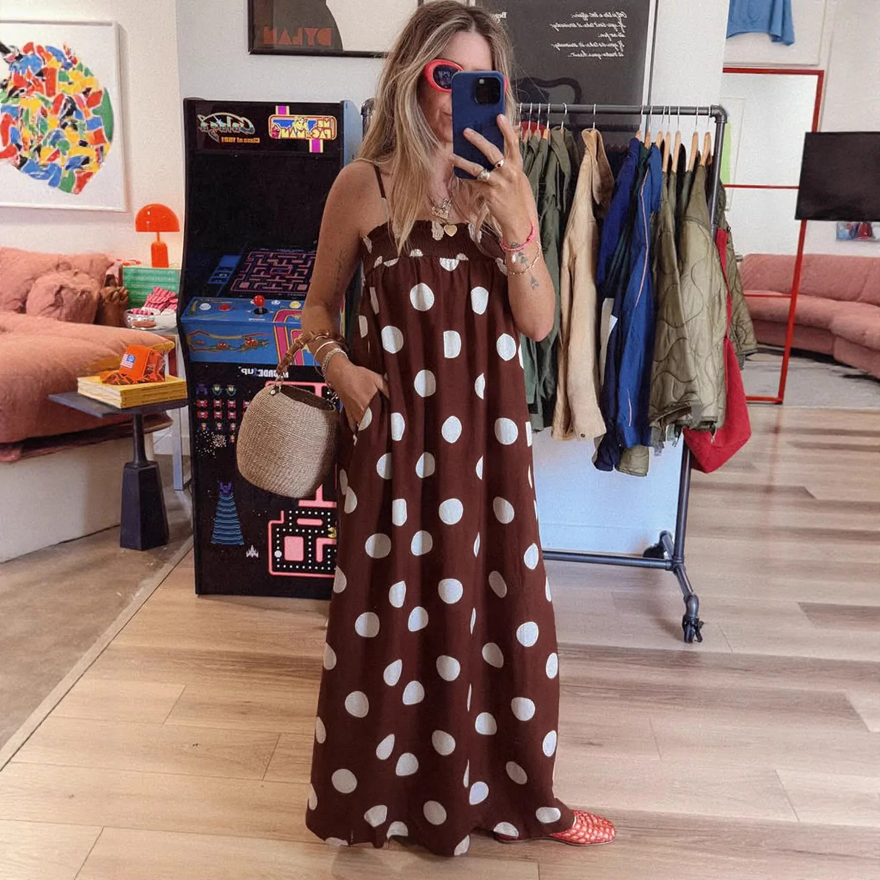

Sexy Off Shoulder Maxi Slip Dress Women Casual Loose Sleeveless Halter Dress Summer Vintage Polka Dot Printed Vacation Vestidos