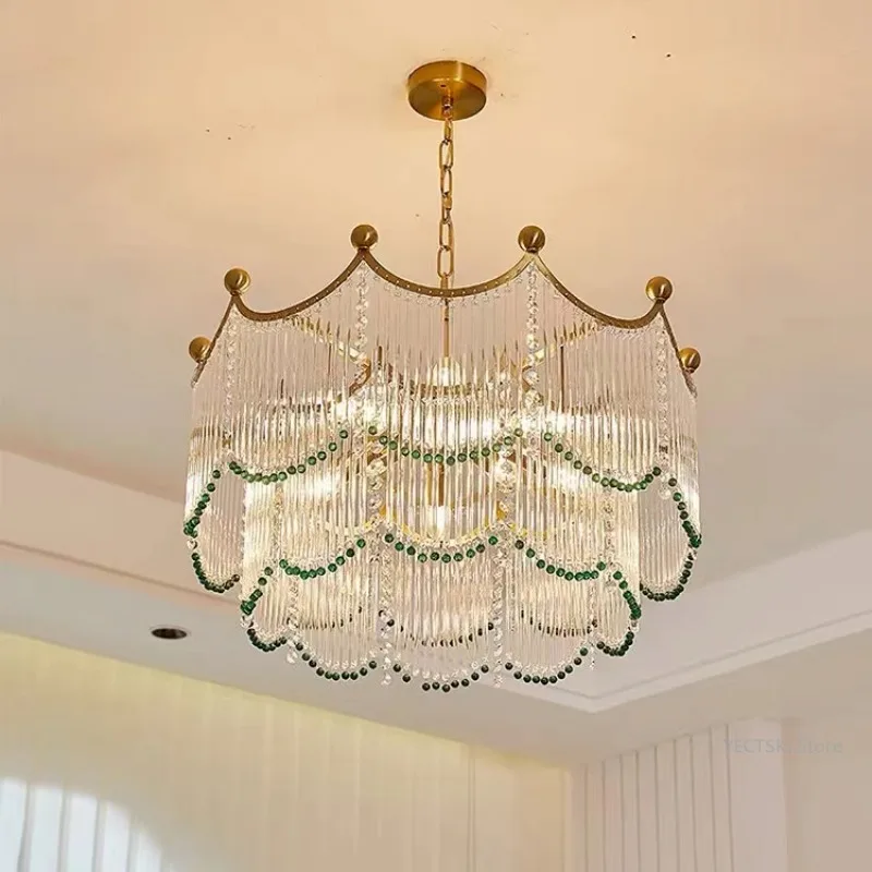 French retro dark green round crystal living room pendant light American light luxury dining room bedroom study glass stripe